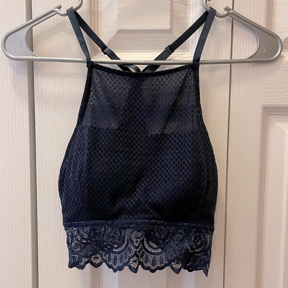 High-neck Lace Padded Bralette - Navy - Picture 1 of 3